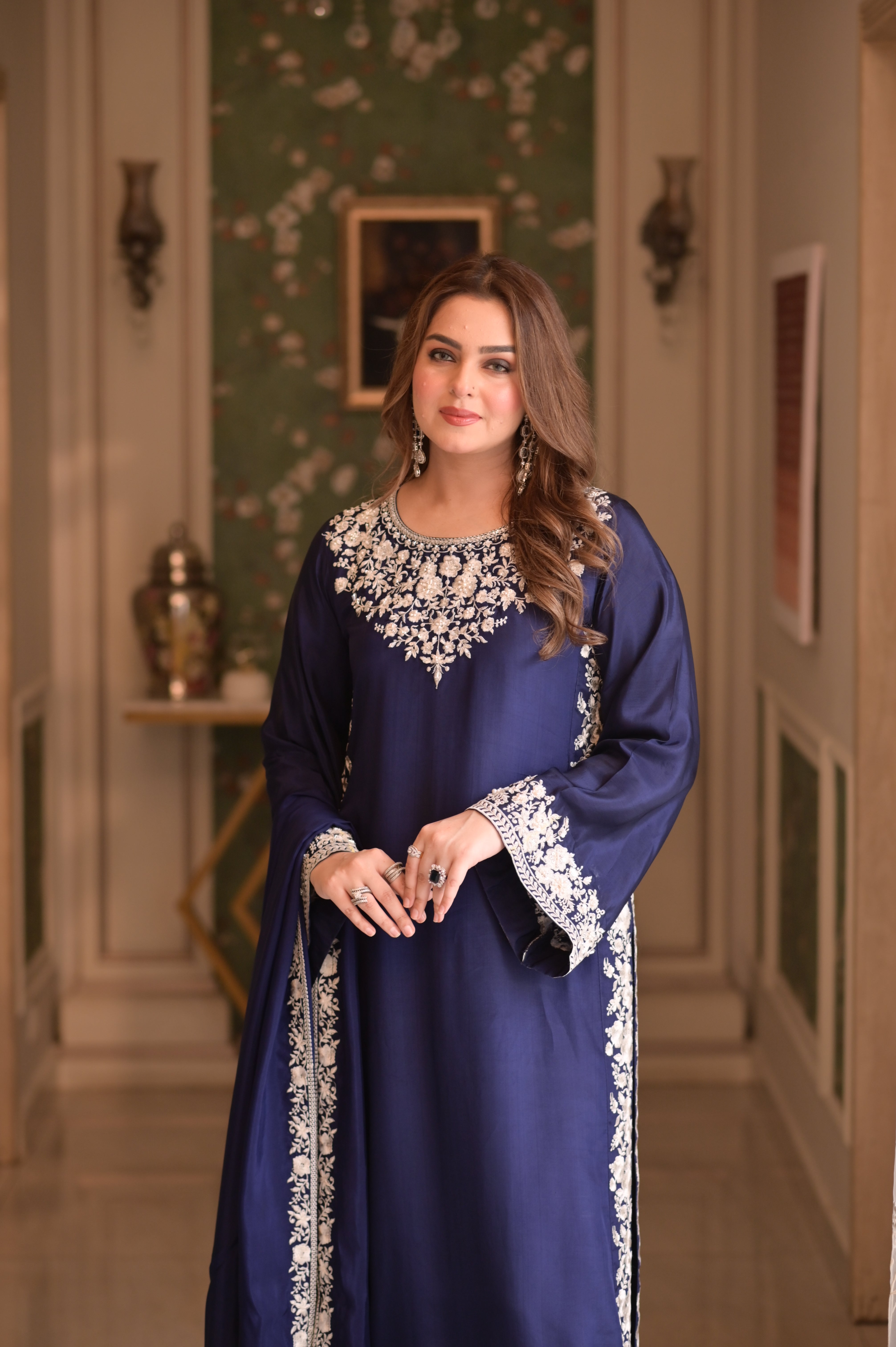 Noor-e-Midnight Blue – Ornate Sheesha Silk Embroidered Set