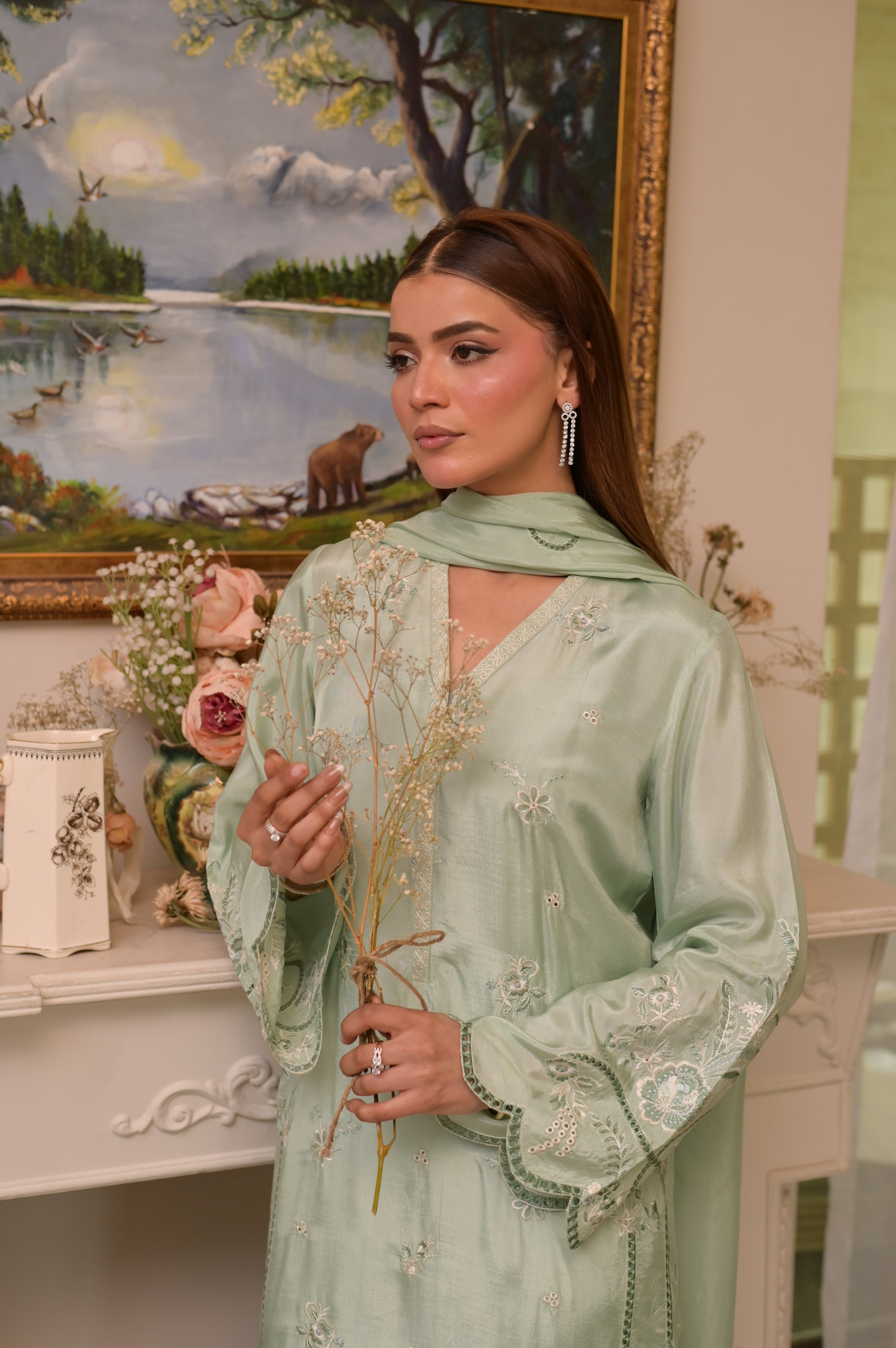 Noor-e-Aqua Green – Ornate Hand-Embellished Tissue Silk Set
