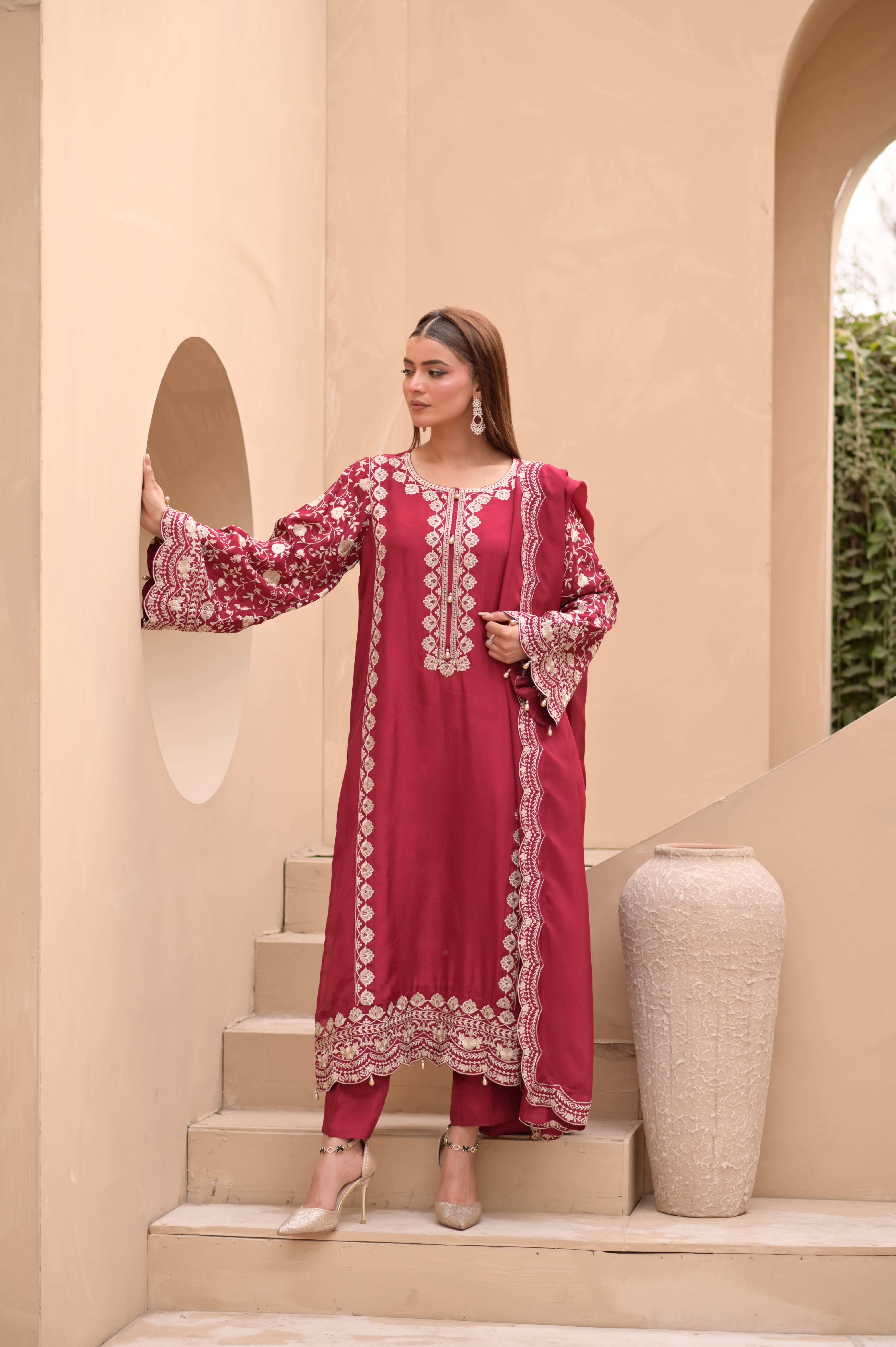 Noor-e Maroon – Premium Sheesha Silk 3-Piece