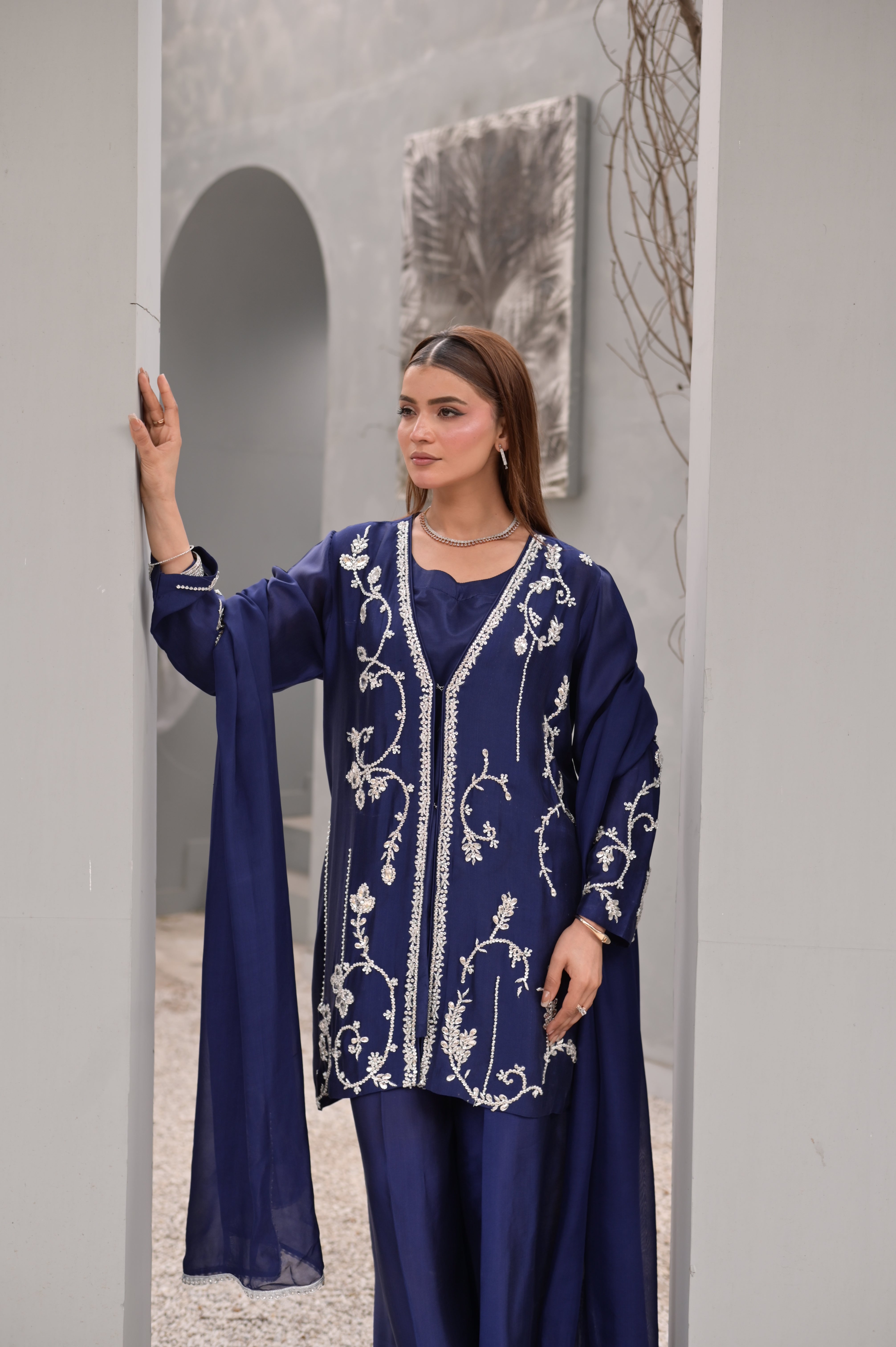 Noor-e-Navy Blue – Ornate Metallic Embroidered Silk Set