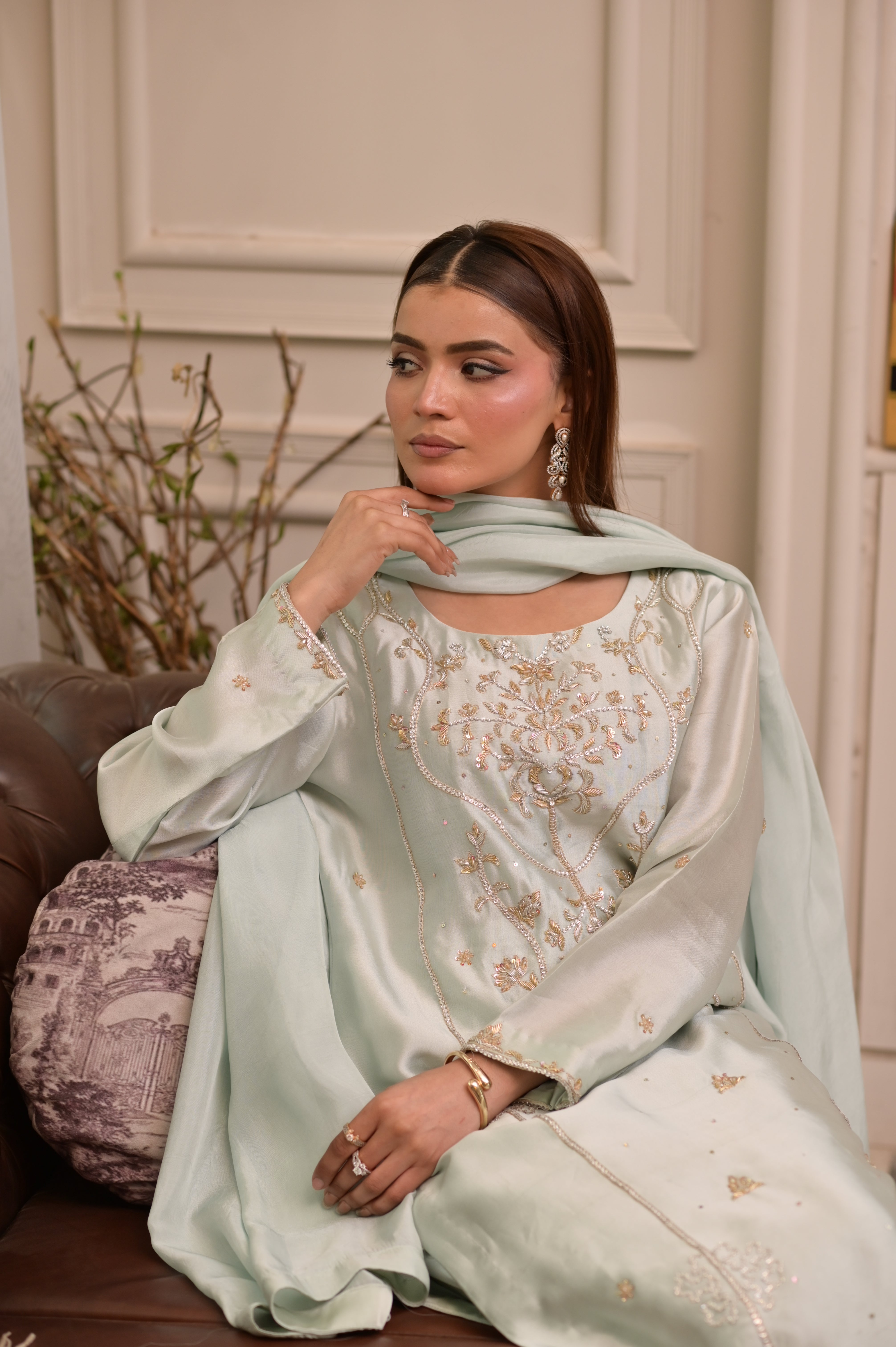 Noor-e-Mint Mist – Ornate Hand-Embellished Tissue Silk Set