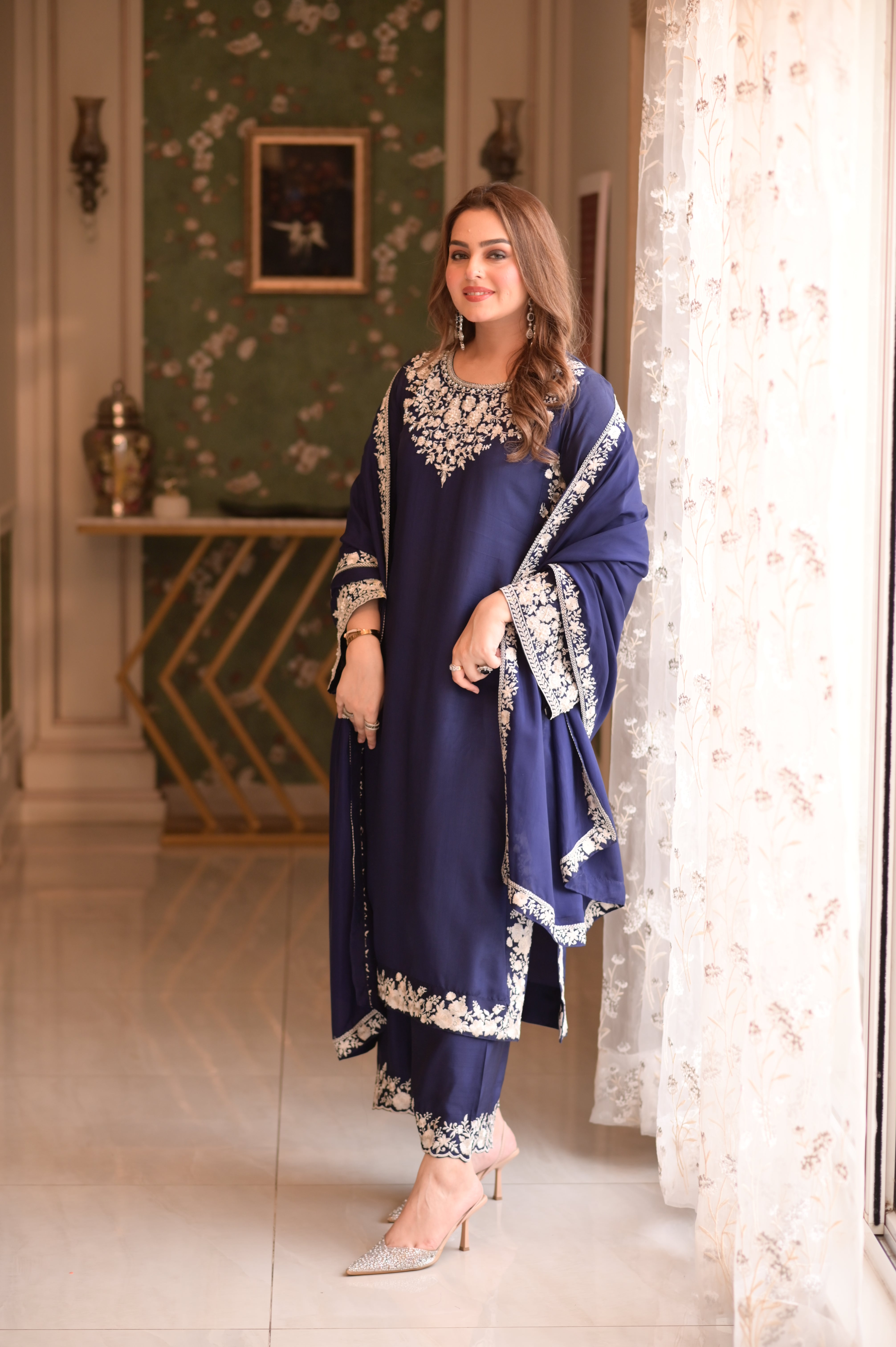 Noor-e-Midnight Blue – Ornate Sheesha Silk Embroidered Set