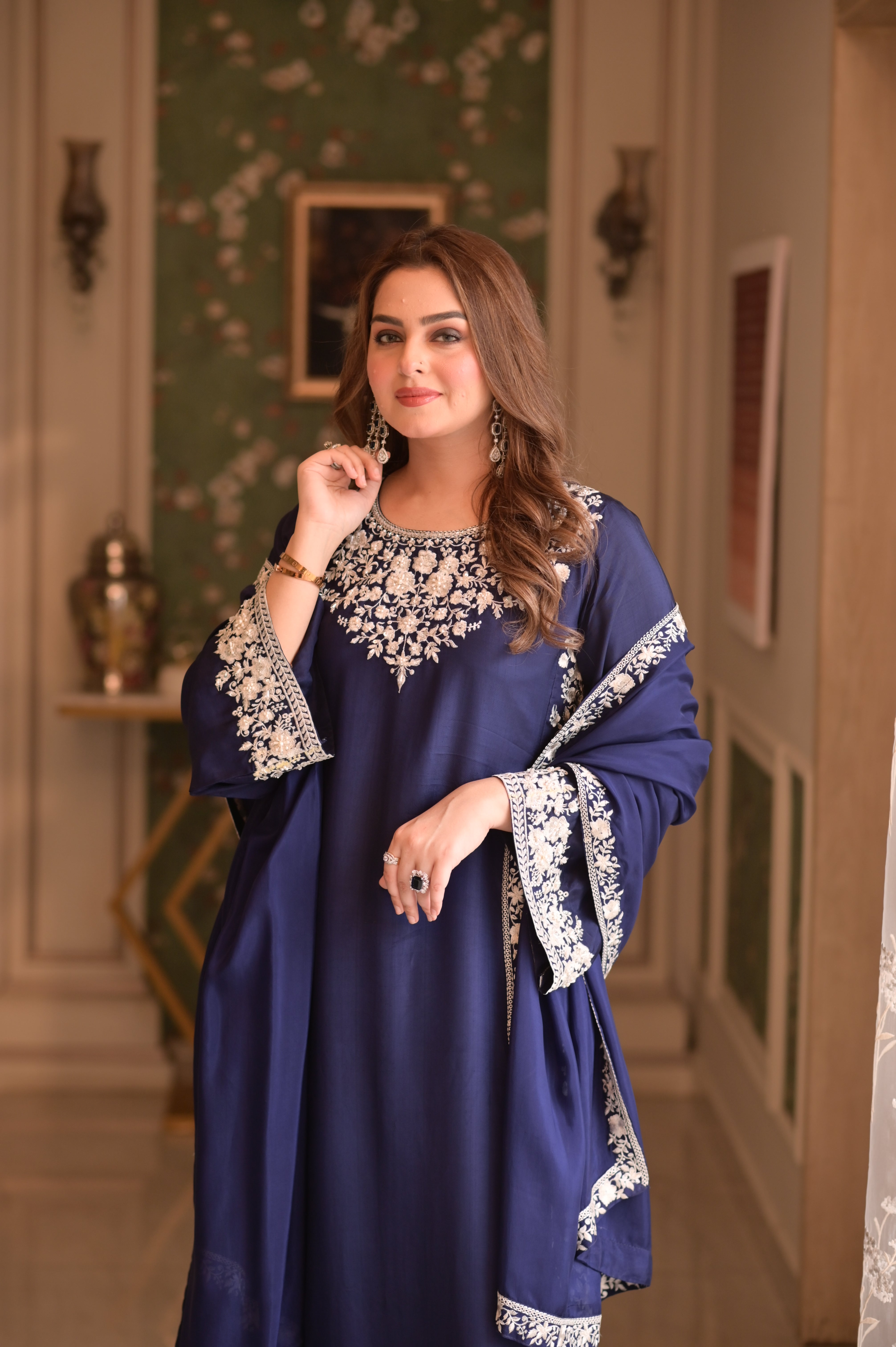 Noor-e-Midnight Blue – Ornate Sheesha Silk Embroidered Set