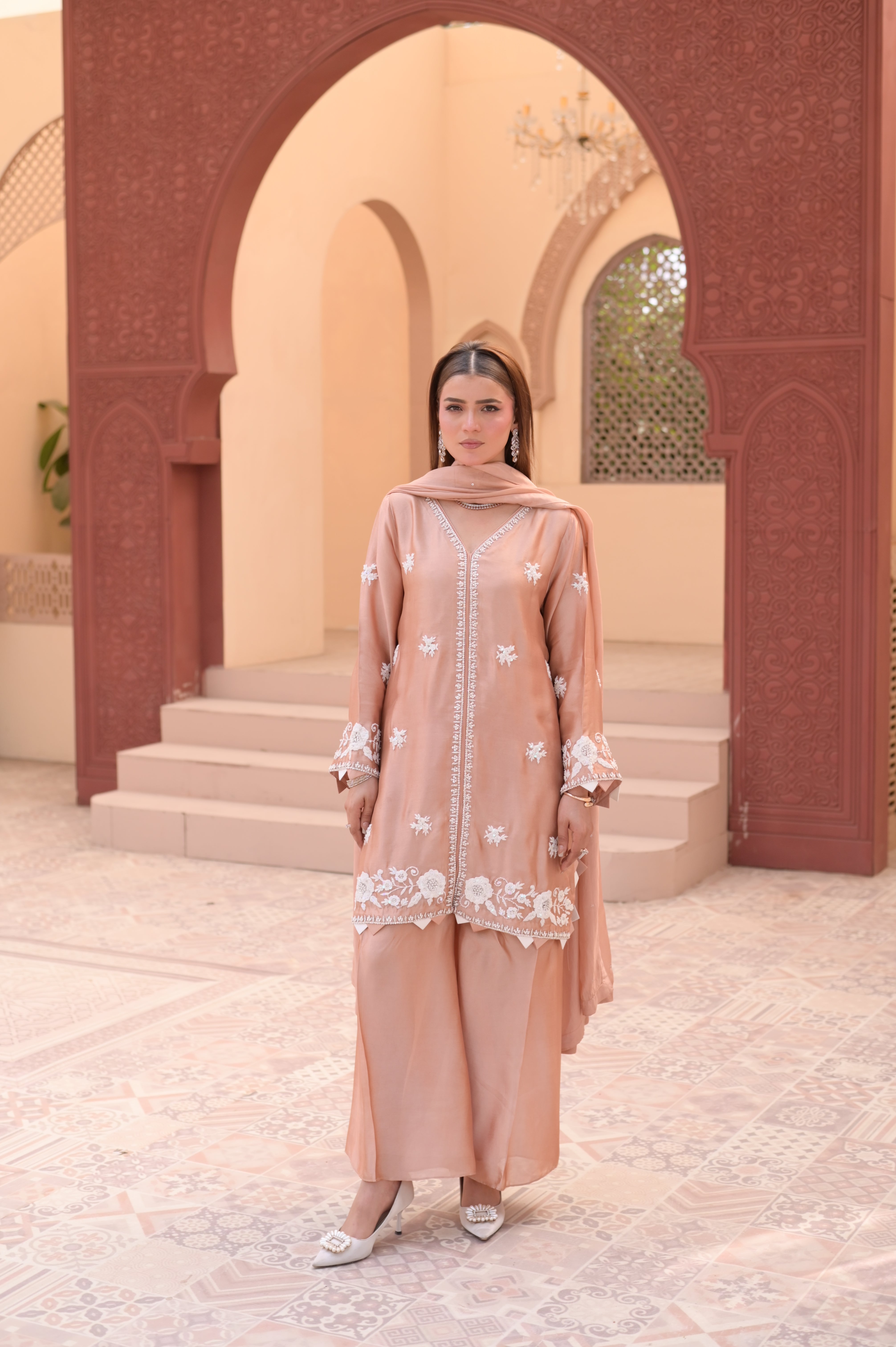 Noor-e-Rose Gold –  Embroidered Tissue Silk 3-Piece Festive Set