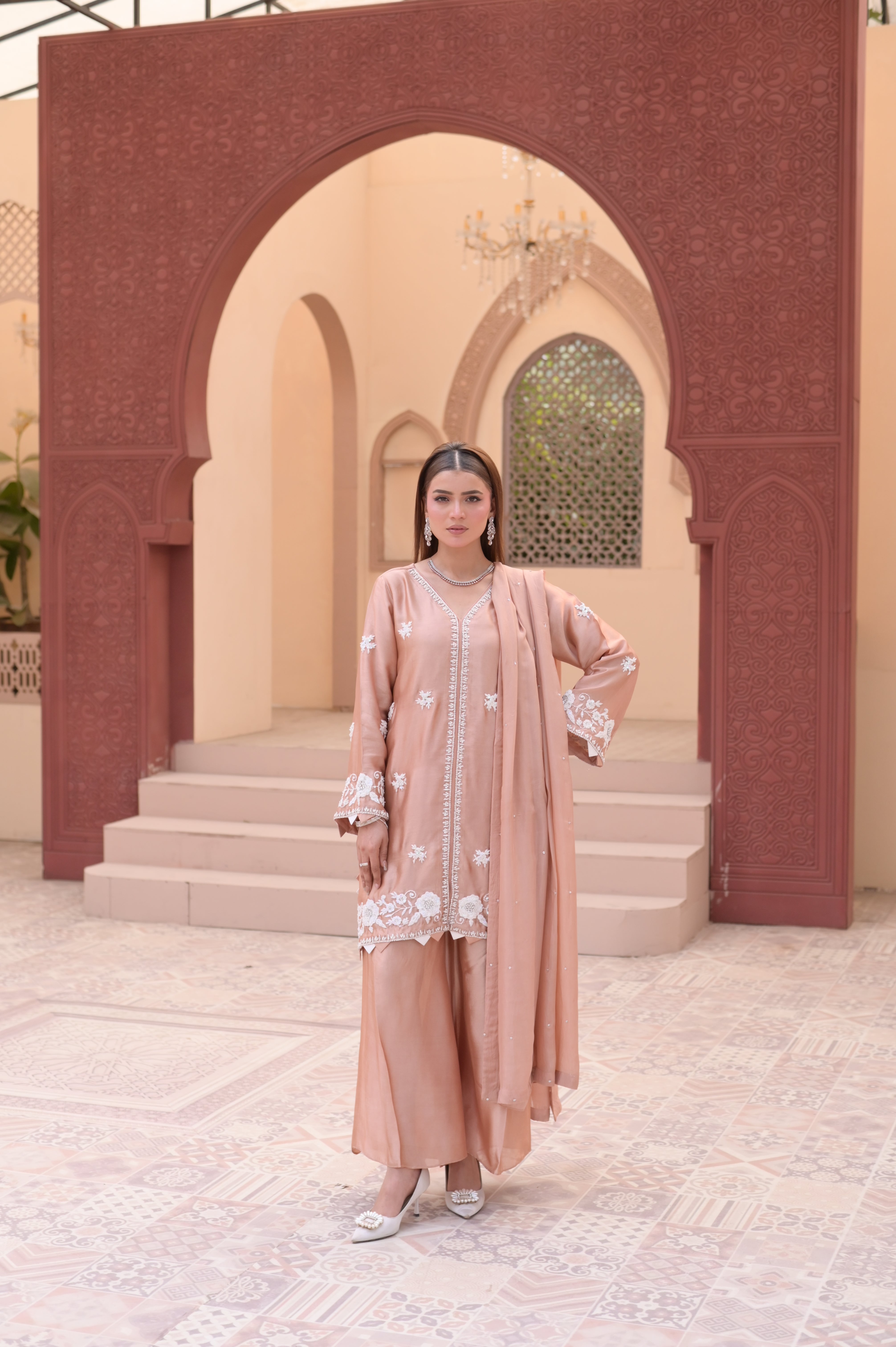 Noor-e-Rose Gold –  Embroidered Tissue Silk 3-Piece Festive Set
