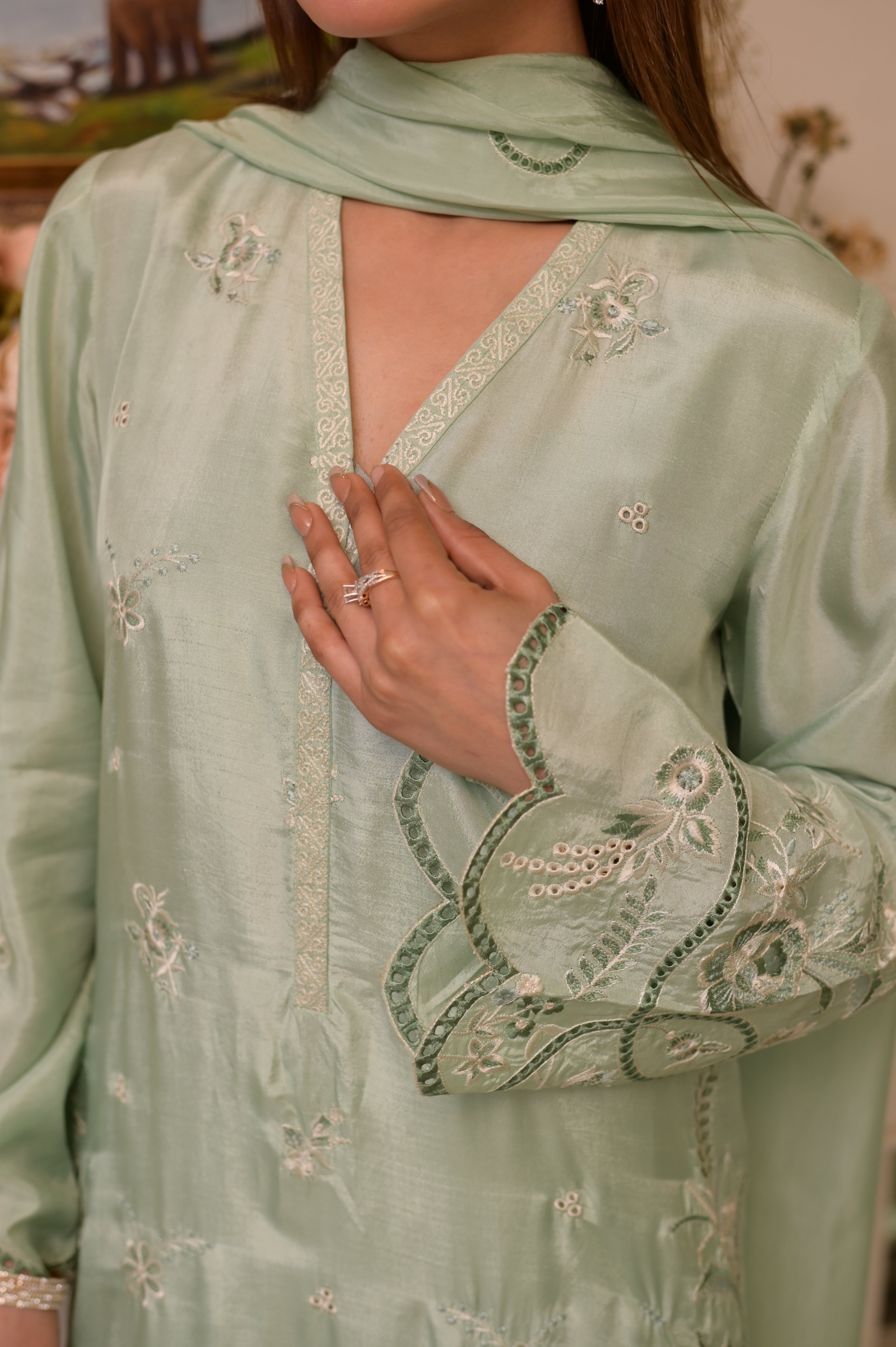 Noor-e-Aqua Green – Ornate Hand-Embellished Tissue Silk Set