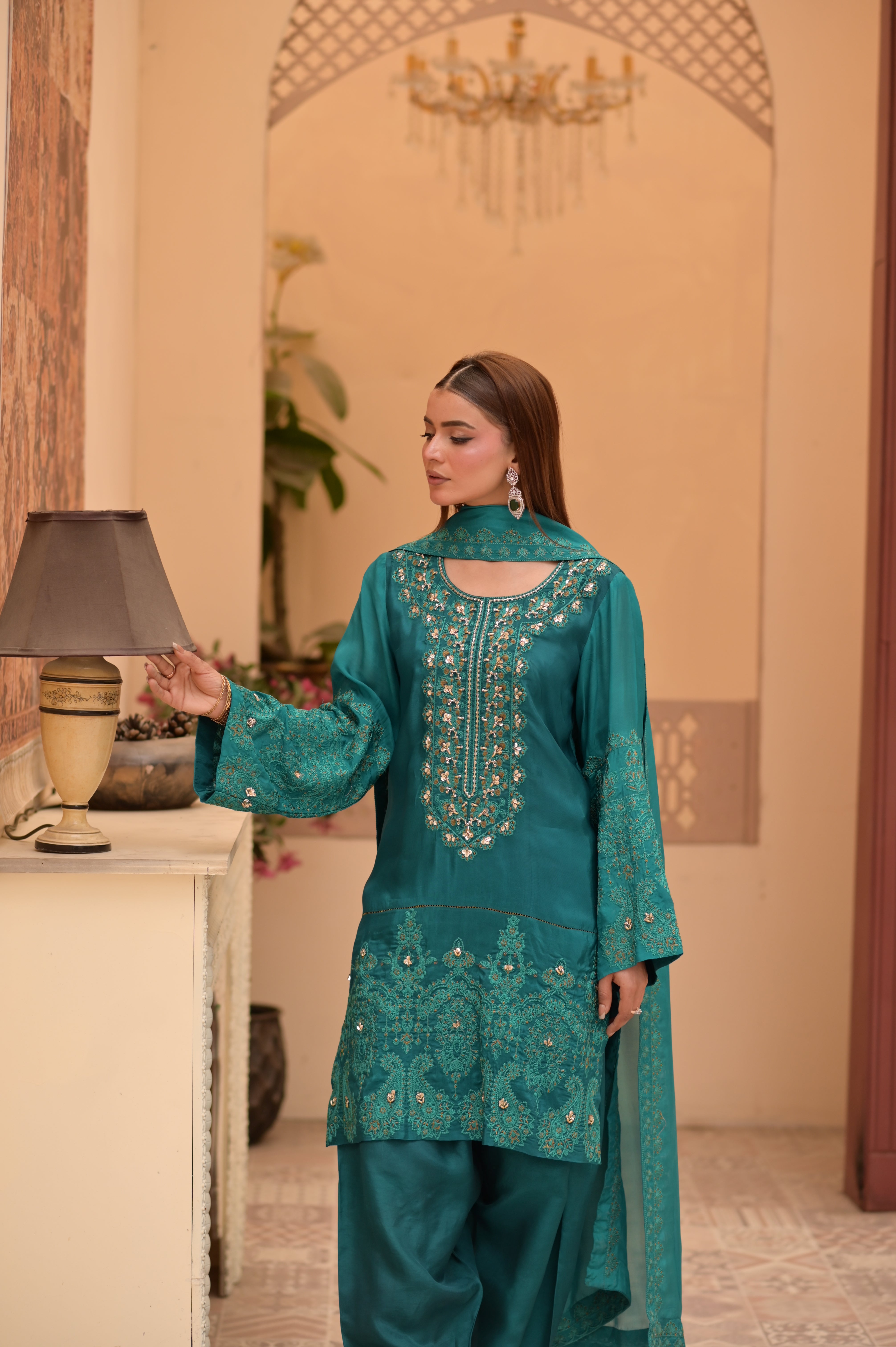 Noor-e-Emerald – Embroidered Sheesha Silk 3-Piece Set