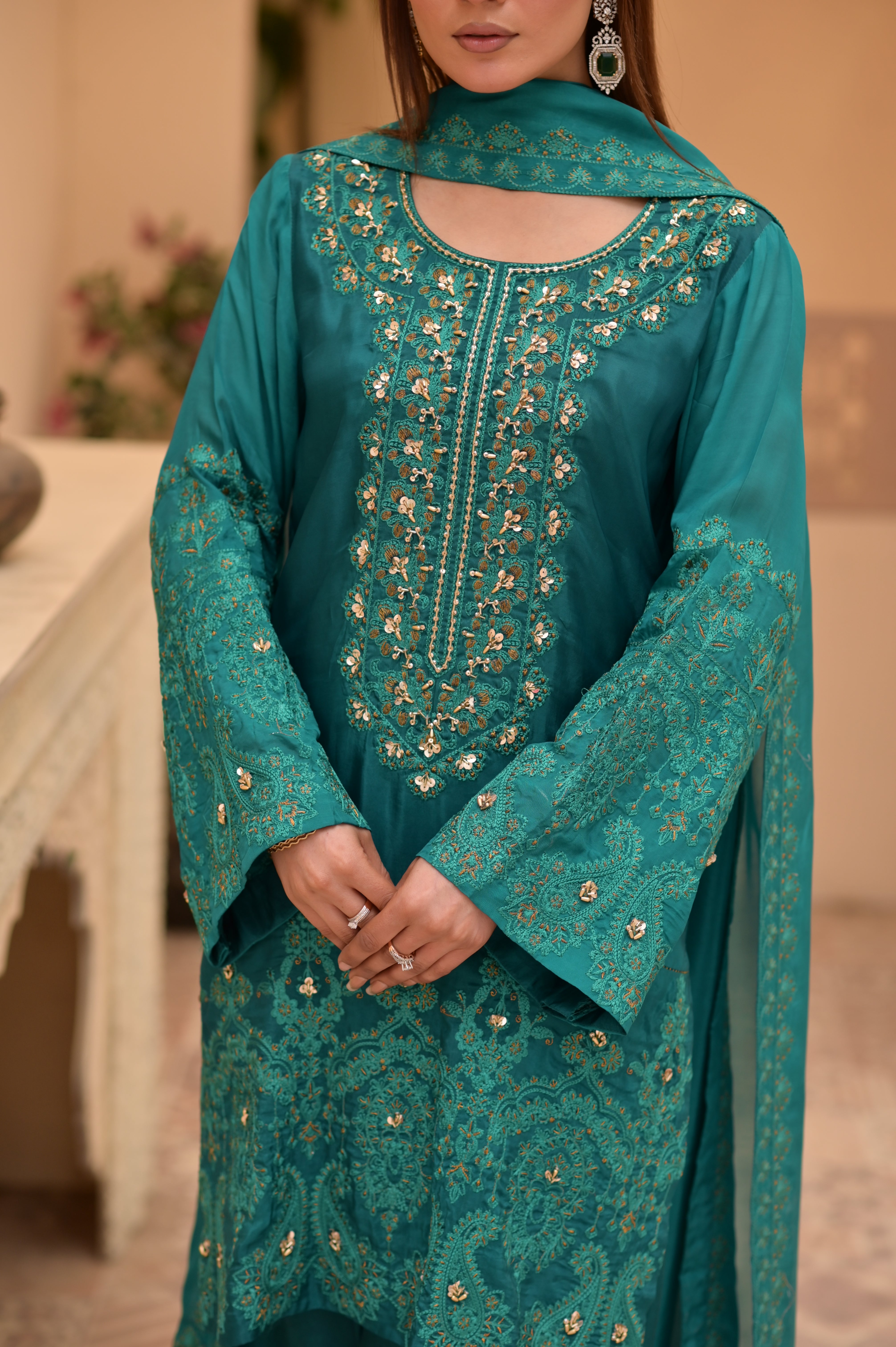 Noor-e-Emerald – Embroidered Sheesha Silk 3-Piece Set