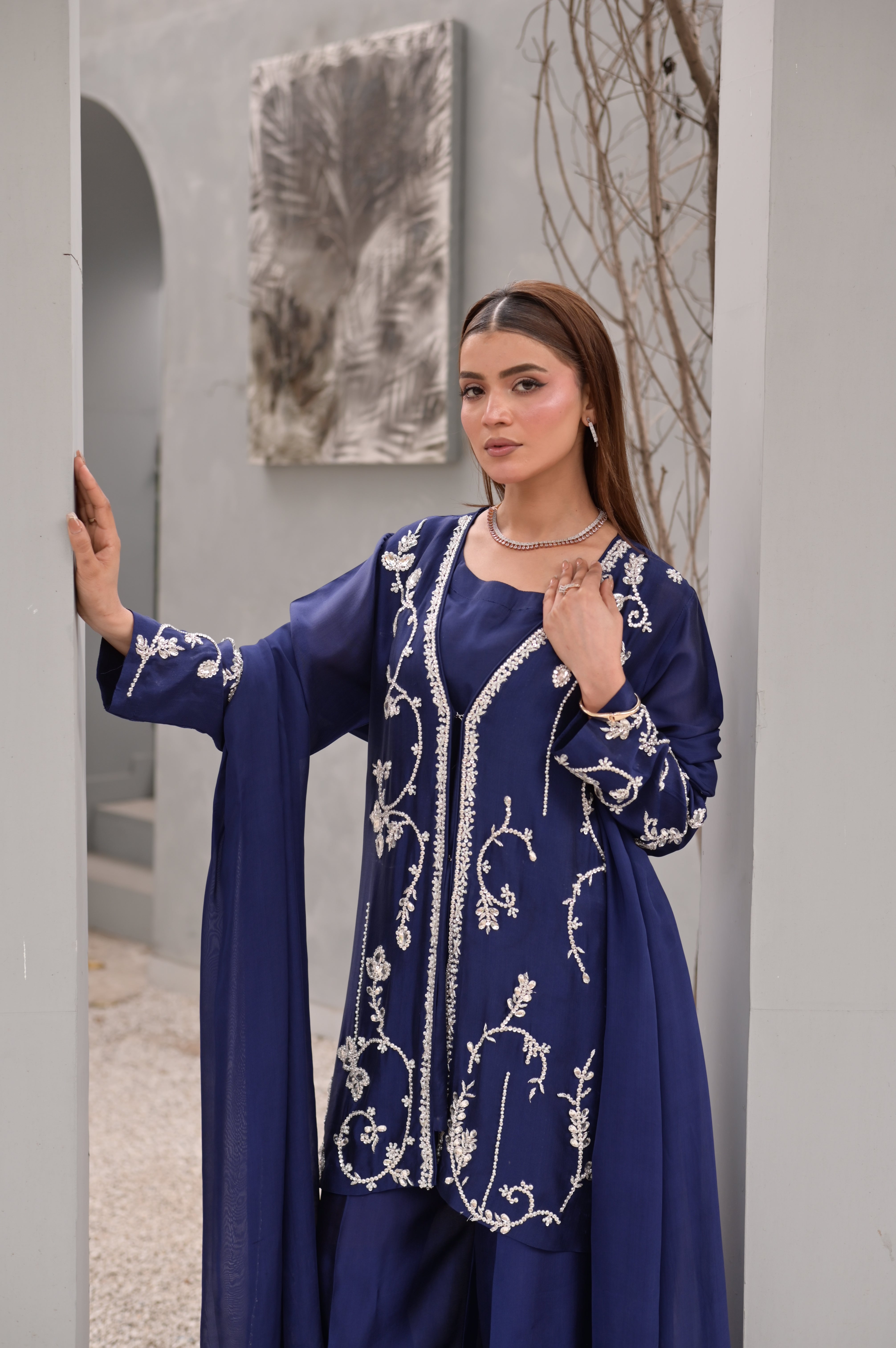 Noor-e-Navy Blue – Ornate Metallic Embroidered Silk Set