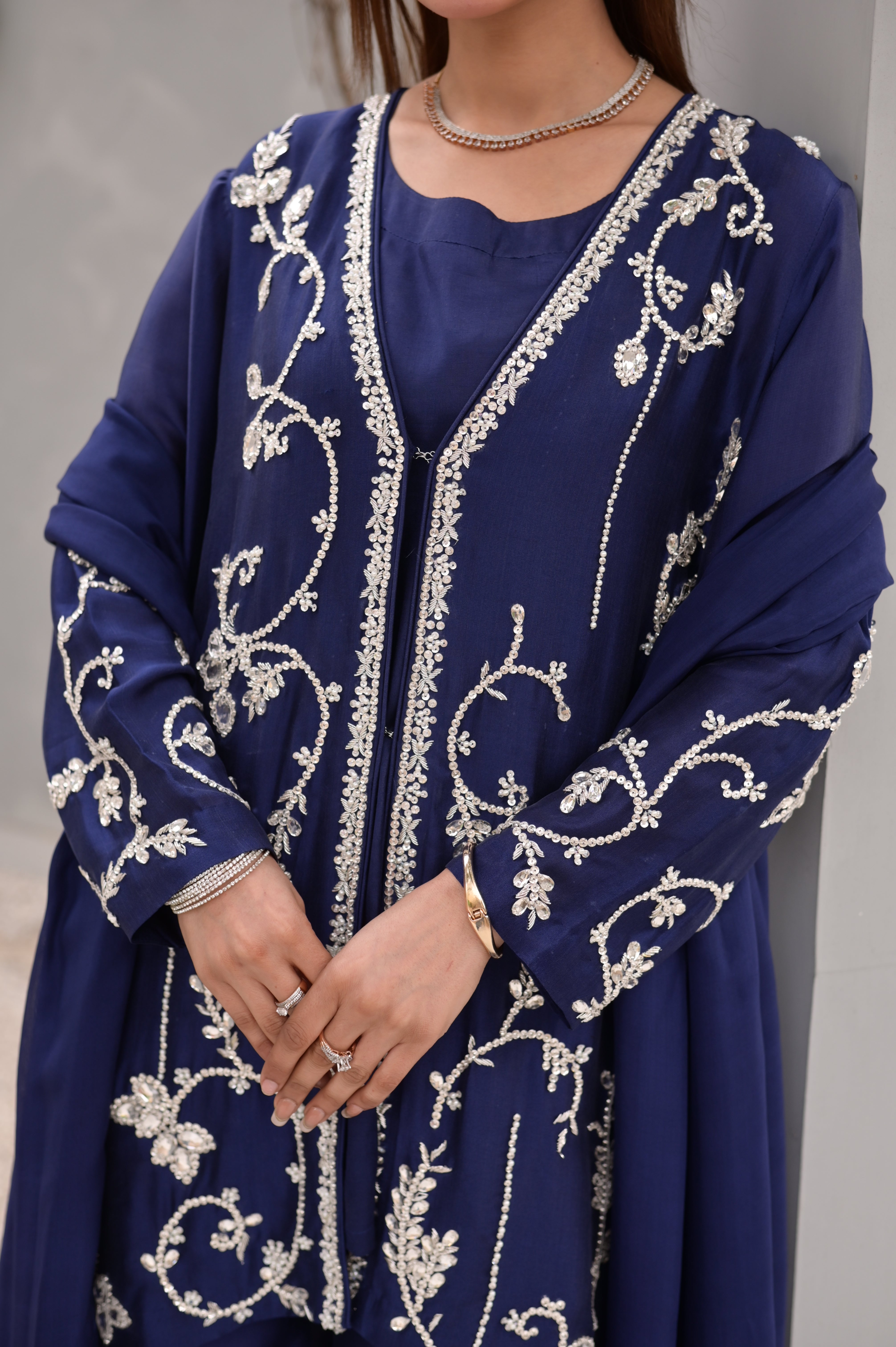 Noor-e-Navy Blue – Ornate Metallic Embroidered Silk Set