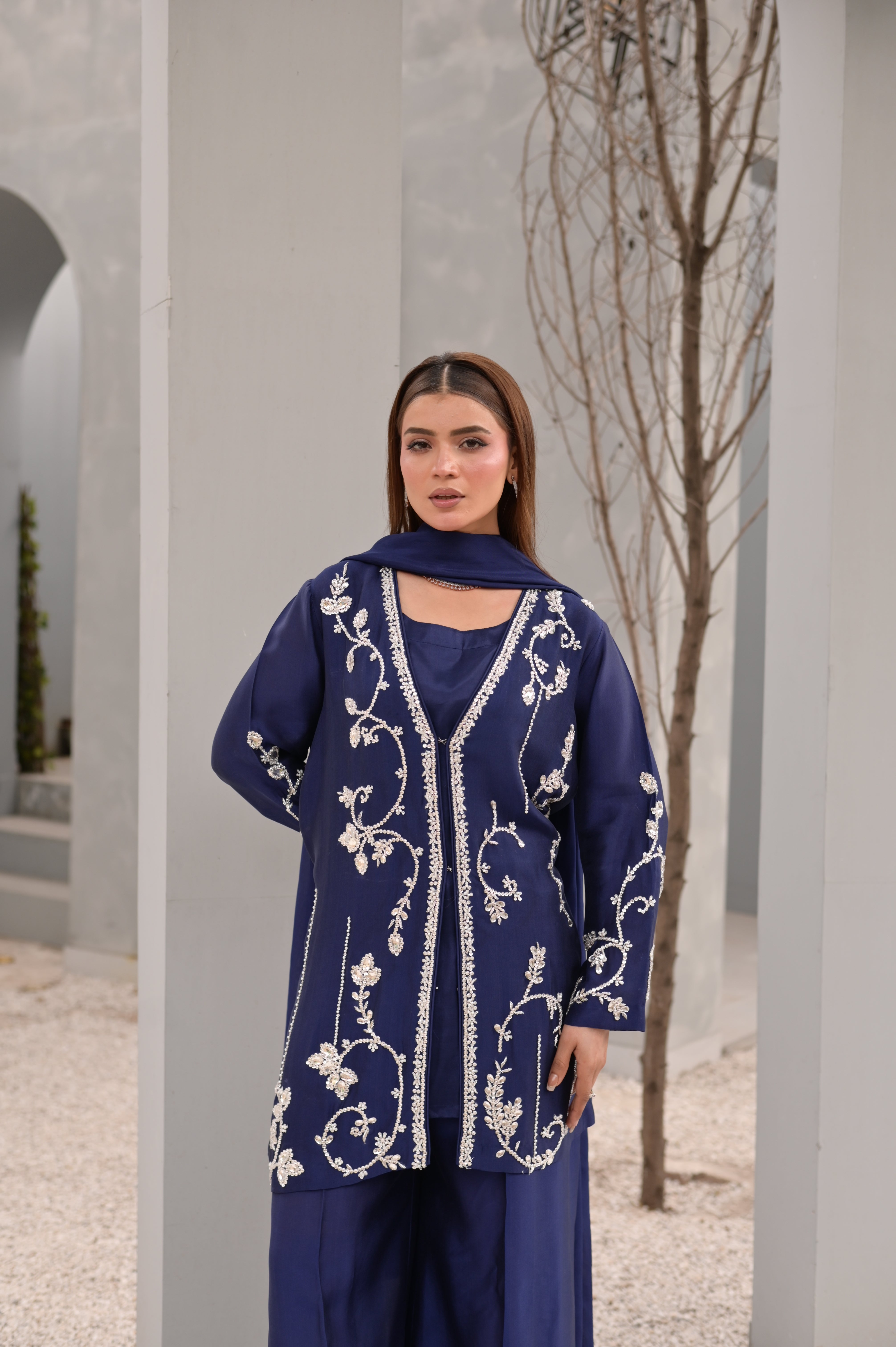 Noor-e-Navy Blue – Ornate Metallic Embroidered Silk Set