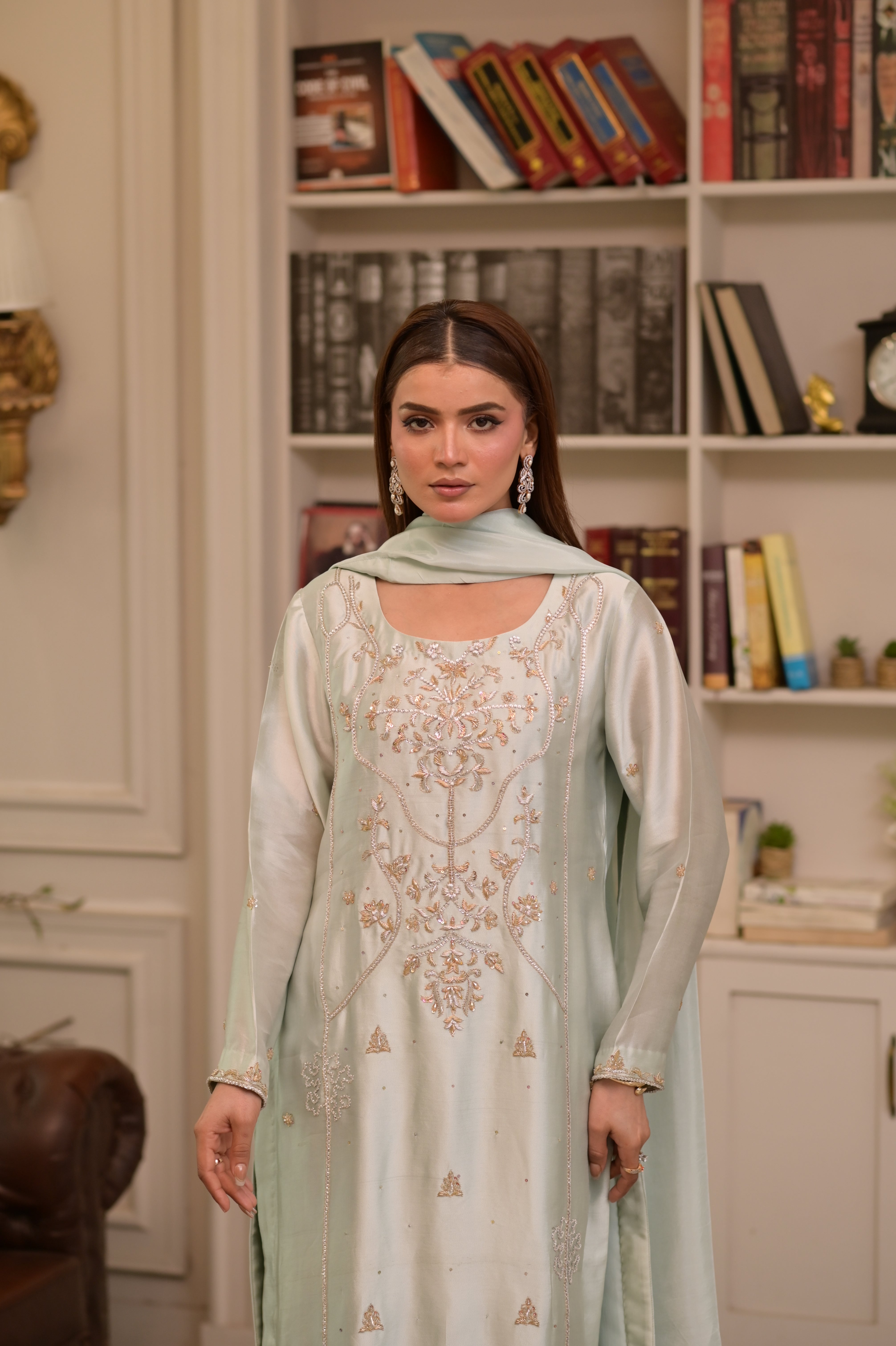 Noor-e-Mint Mist – Ornate Hand-Embellished Tissue Silk Set