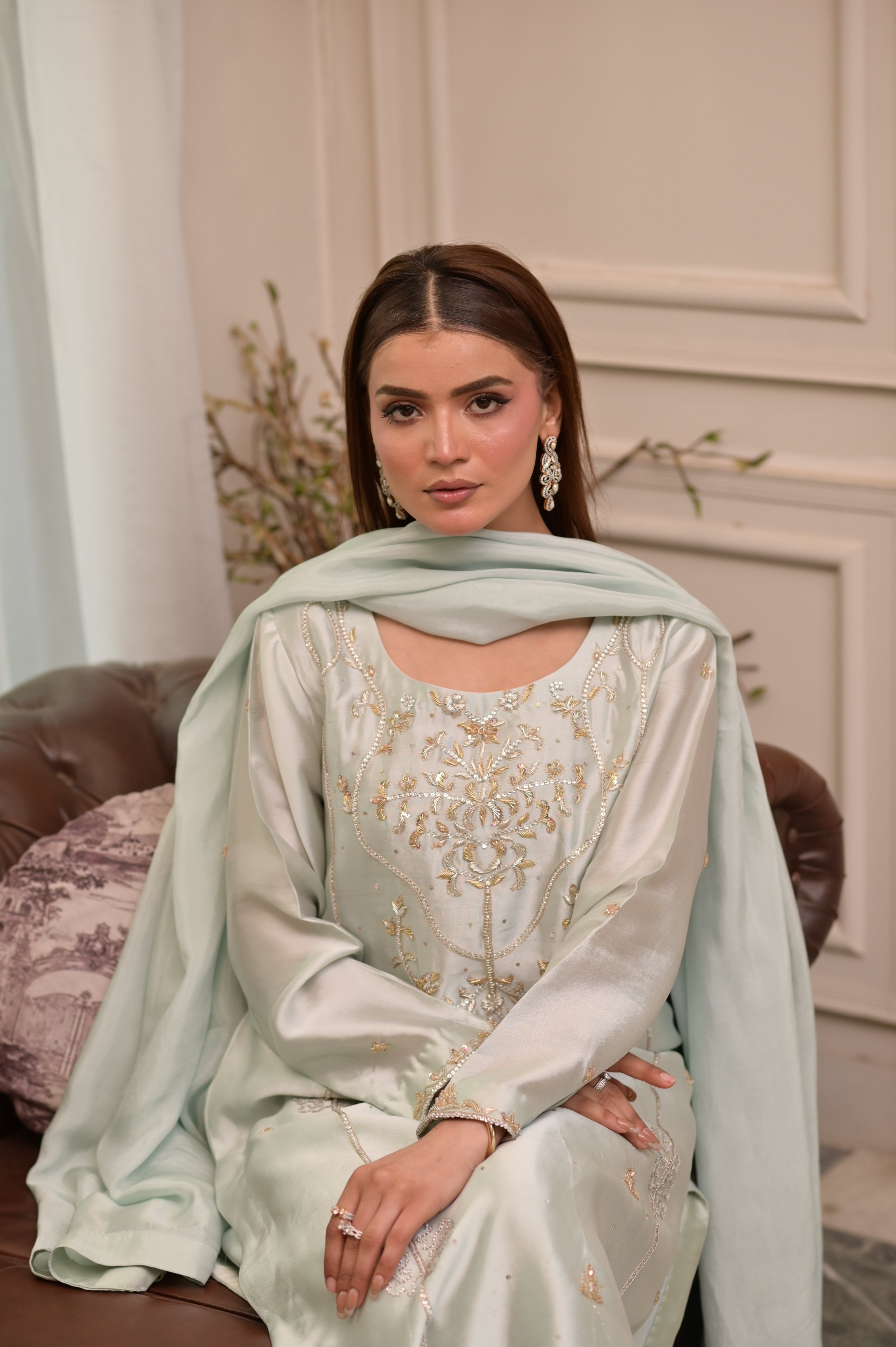 Noor-e-Mint Mist – Ornate Hand-Embellished Tissue Silk Set
